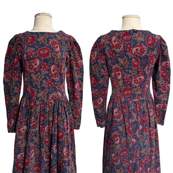 80s Vintage Laura Ashley Dress Corduroy Floral Paisley Puff Long Sleeve Maxi. - Picture 2 of 9